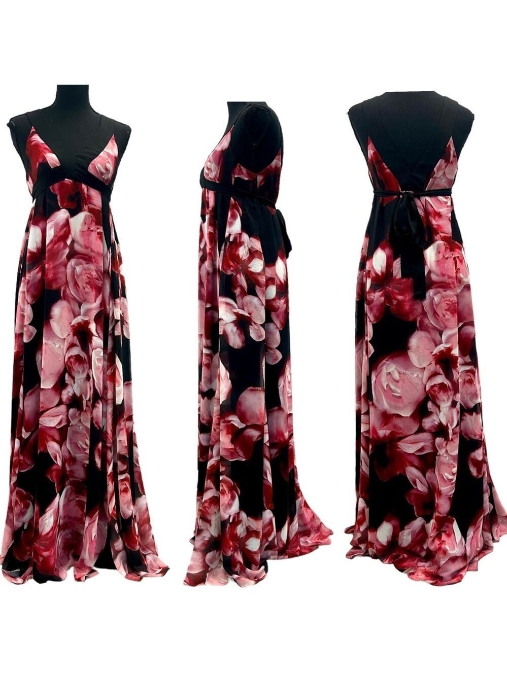 Rw&co pink red rose floral flower V neck maxi dress Sz XS NWOT